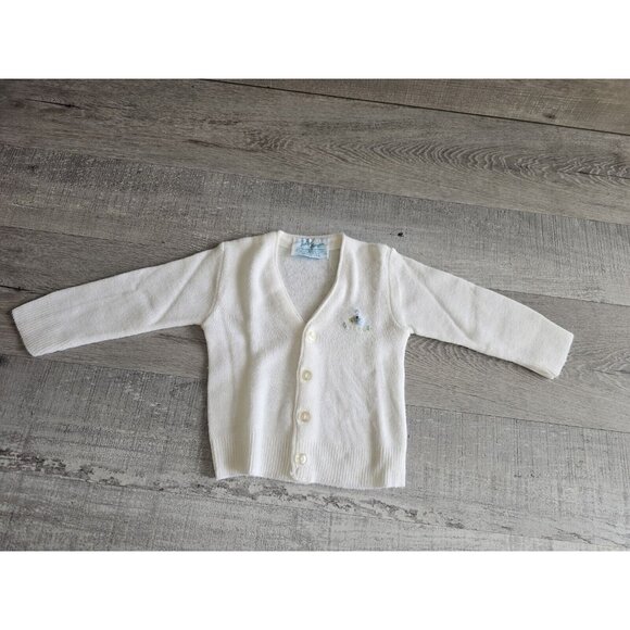 Vintage Julius Berger Baby White Button Up Sweater Cardigan  Baby Blue Bird NB - Picture 1 of 9